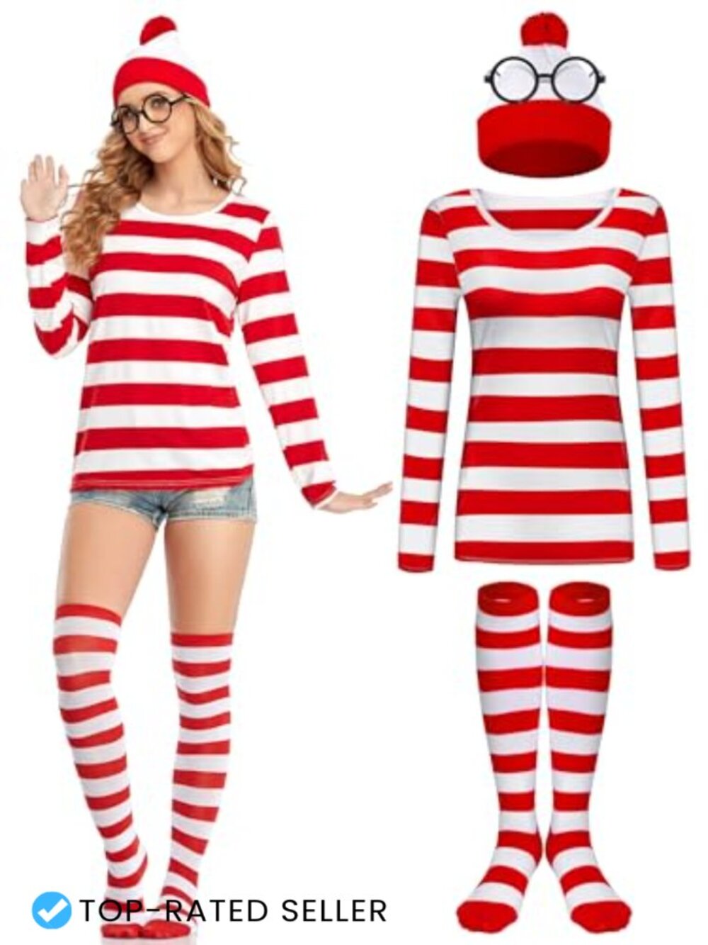 Womens Halloween Costume Set Long Sleeve Tee Beanie Socks Glasses
